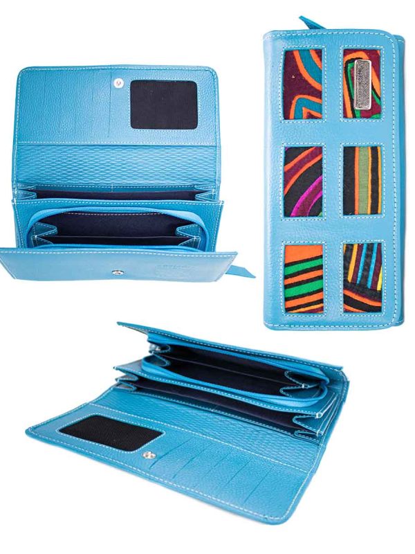 Billetera 6 cuadros grande cuero mola - azul turquesa